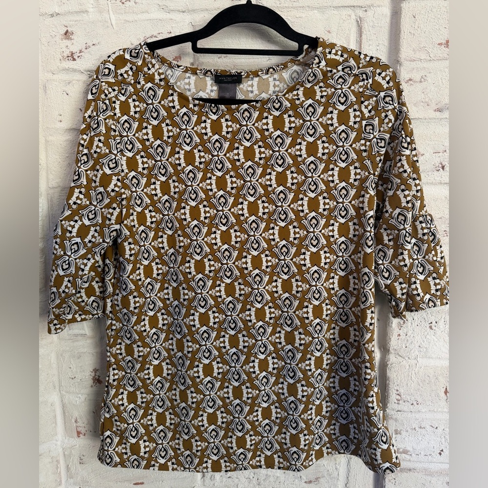 Ann Taylor Camel, Black and Cream Patterned 3/4 Sleeve Top